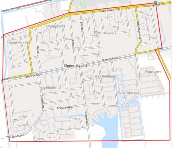 Schermafbeelding van digitale kaart met rood omrand inzamelgebied oud papier door Jubal in Dedemsvaart. Het gaat om de straten die op de afbeelding te zien zijn, maar kortweg om het gebied binnen de bebouwde kom.